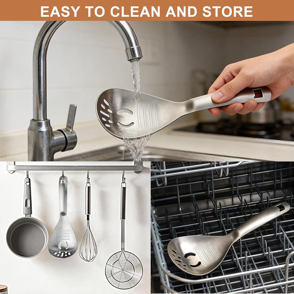 Multifunctional 5-In-1 Cooking Spoon, 18/8 304 Stainless Steel Kitchen Tool for Potato Masher, Egg Separator, Bottle Opener and Mixing Stirrer
