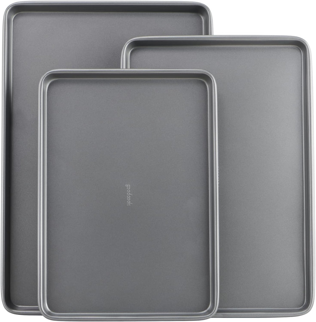 Everyday Nonstick Baking Sheet Set, 3 Pack Includes Small (13×9) Medium (15×1) and Large (17×11) Pans Carbon Steel Construction Cookie Sheets Bakeware Set, Gray