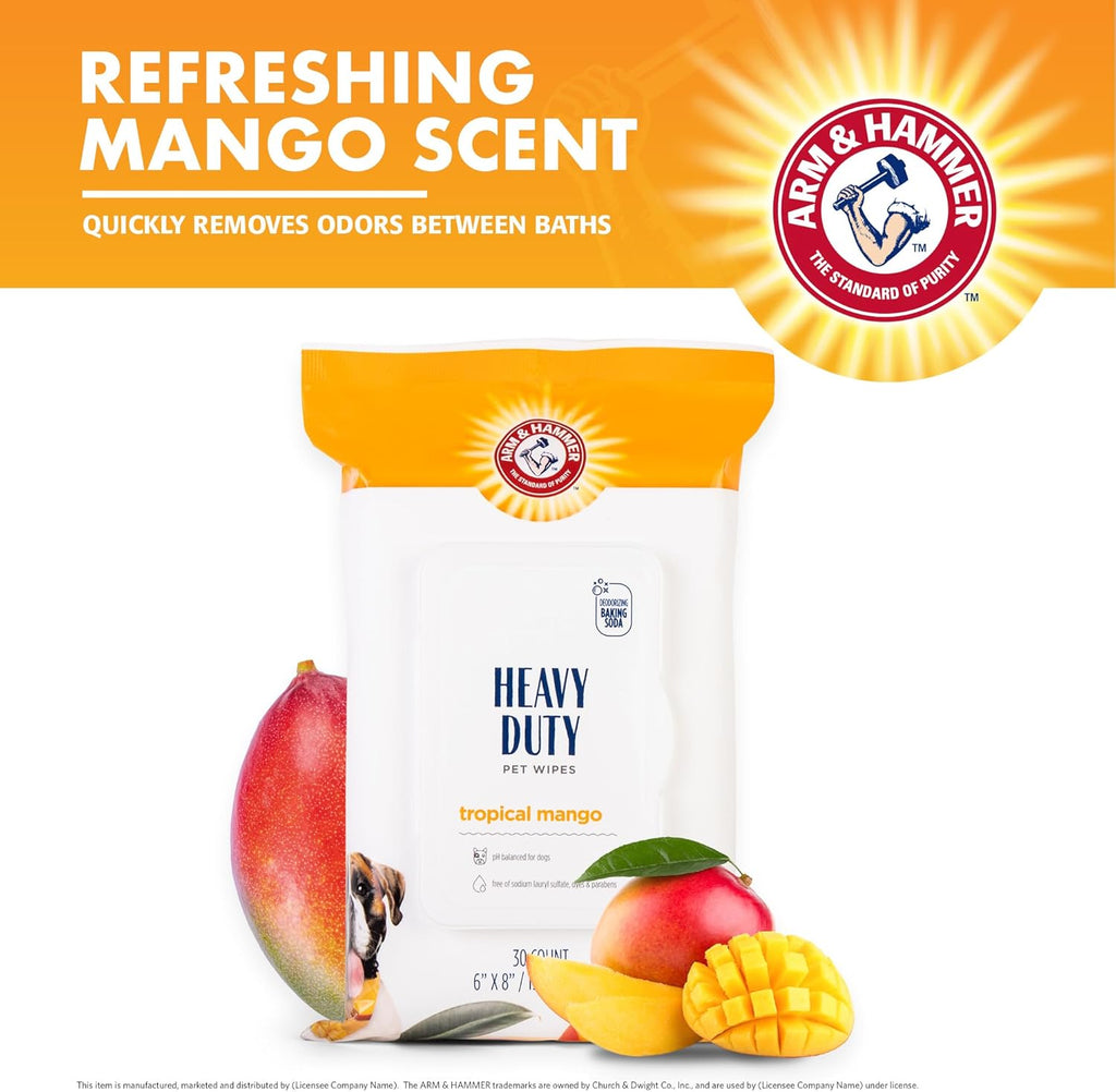 Arm and Hammer for Pets Heavy Duty Multipurpose Dog Bath Wipes, Mango Scent, Travel Size - All Purpose Wipes That Remove Odor and Refresh Dog Coat between Baths, 30 Count