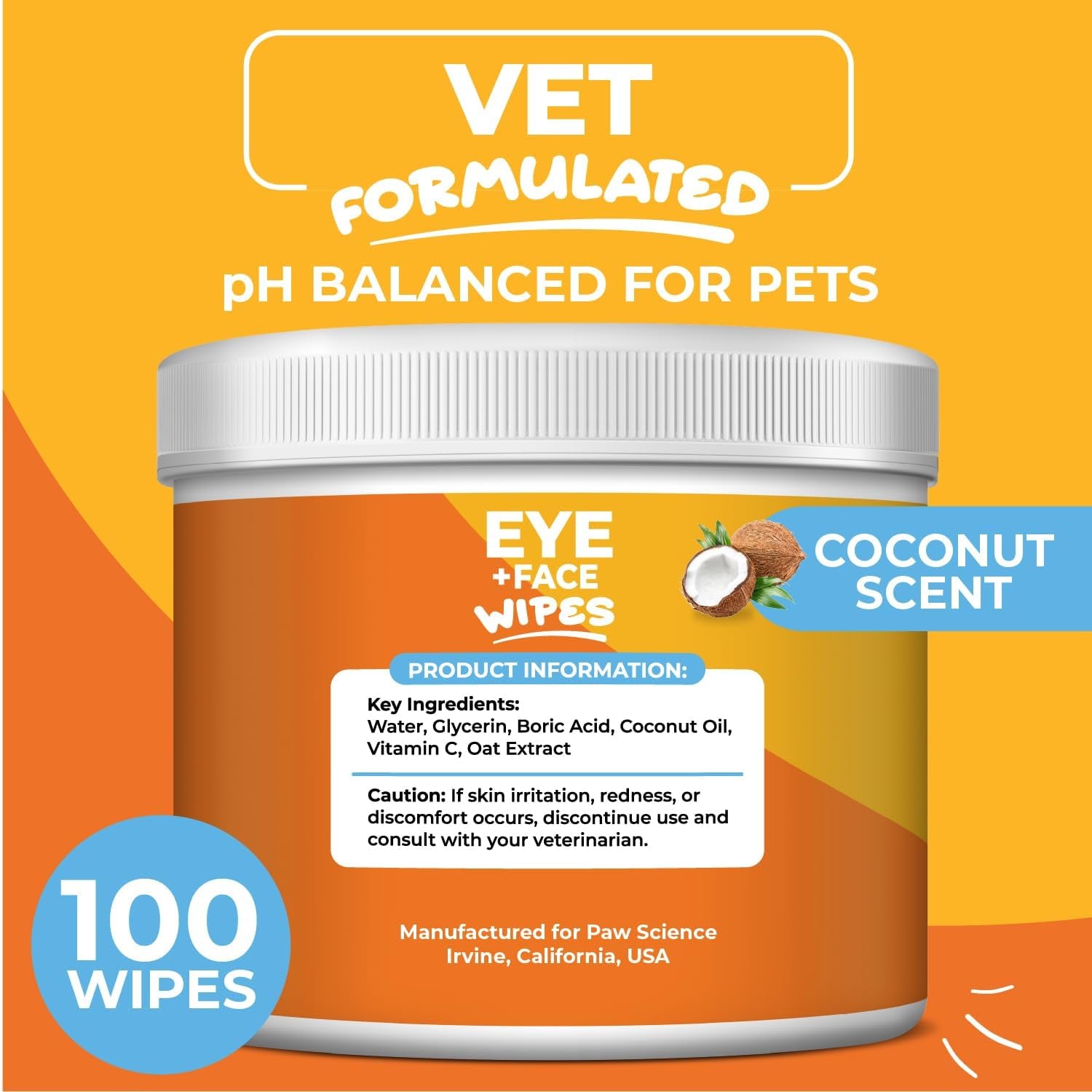 Dog Eye Wipes (100 Count) Hypoallergenic Eye & Face Wipes for Dogs & Cats - Pet Tear Stain Remover & Cleaner - Cleans & Removes Discharge, Crust, & Gunk (Coconut)
