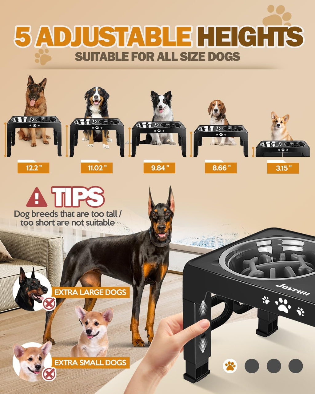 Elevated Dog Bowls for Medium Large Size Dogs, Non-Slip Dog Feeder with 1*Stainless Steel Dishes & 1*Slow Feeder Bowl, 5 Heights Adjustable Raised Bowls to 3.15″-8.66″-9.84″-11.02″-12.2″