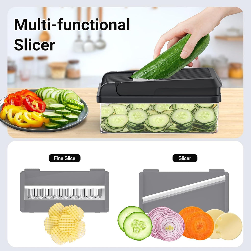 12-In-1 Vegetable Chopper, Kitchen Gadgets with 7 Blades, Veggie, Food, Onion Chopper, Cucumber Slicer, Versatile Mandoline, Includes Egg Separator & Finger Guard, Gray