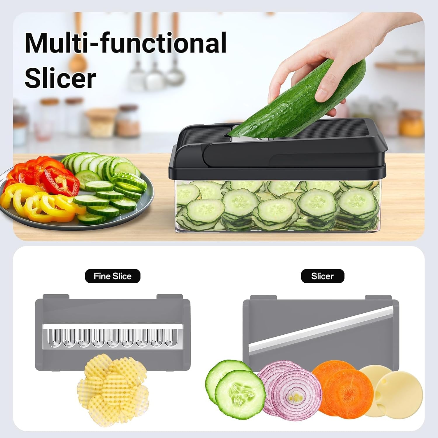 12-In-1 Vegetable Chopper, Kitchen Gadgets with 7 Blades, Veggie, Food, Onion Chopper, Cucumber Slicer, Versatile Mandoline, Includes Egg Separator & Finger Guard, Gray
