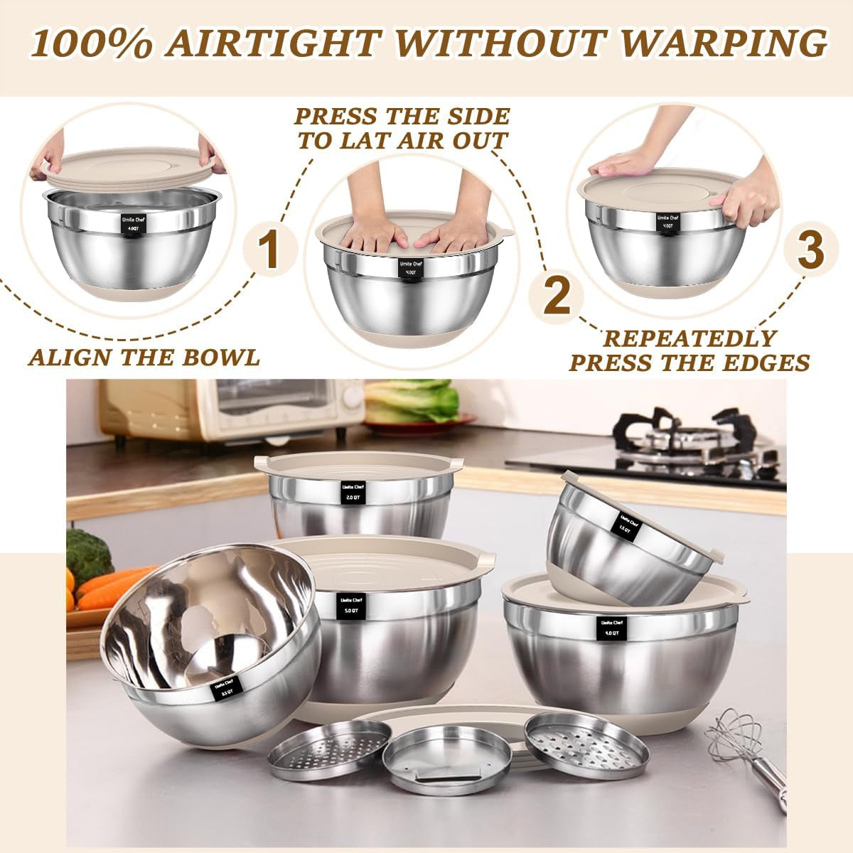 Mixing Bowls with Airtight Lids Set, 8PCS Stainless Steel Nesting Bowls with Grater Attachments, Non-Slip Bottoms, 5, 4, 3.5, 2, 1.5QT for Mixing & Serving