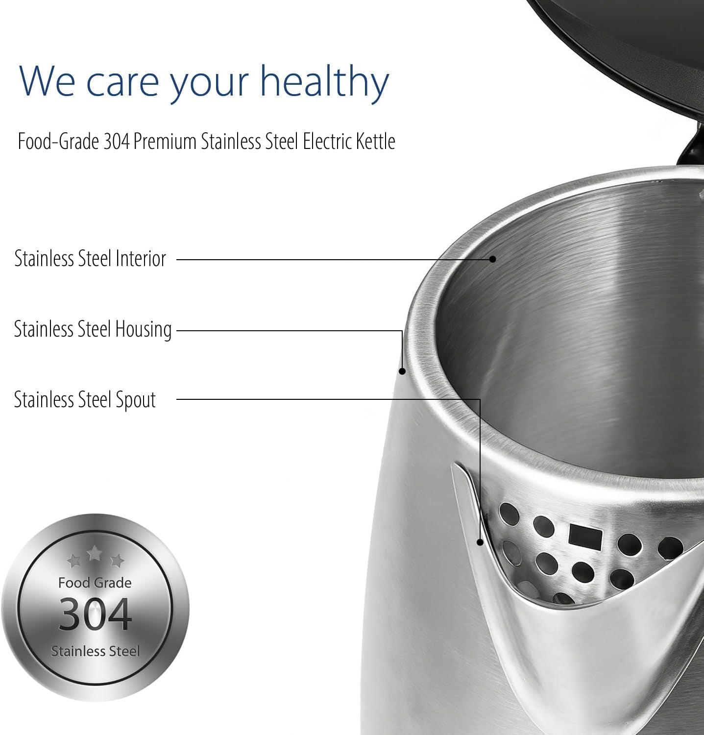 Stainless Steel Electric Kettle, 1.7 Liter Tea Kettle Electric & Hot Water Kettle, 1500W Fast Boil with LED Light, Auto Shut-Off and Boil-Dry Protection