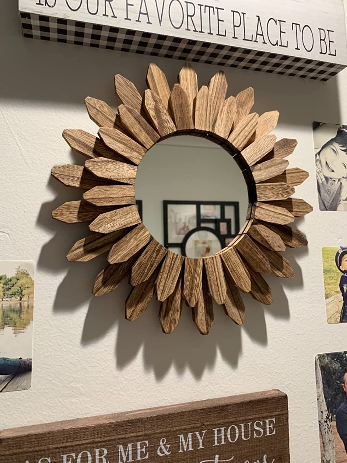 Wall Mirror Decorative 12 Inch Rustic Wood Mirror Sunburst Boho Mirror for Entryway Bedroom Living Room Bathroom House Warming Gifts New Home Essential Carbonized Black