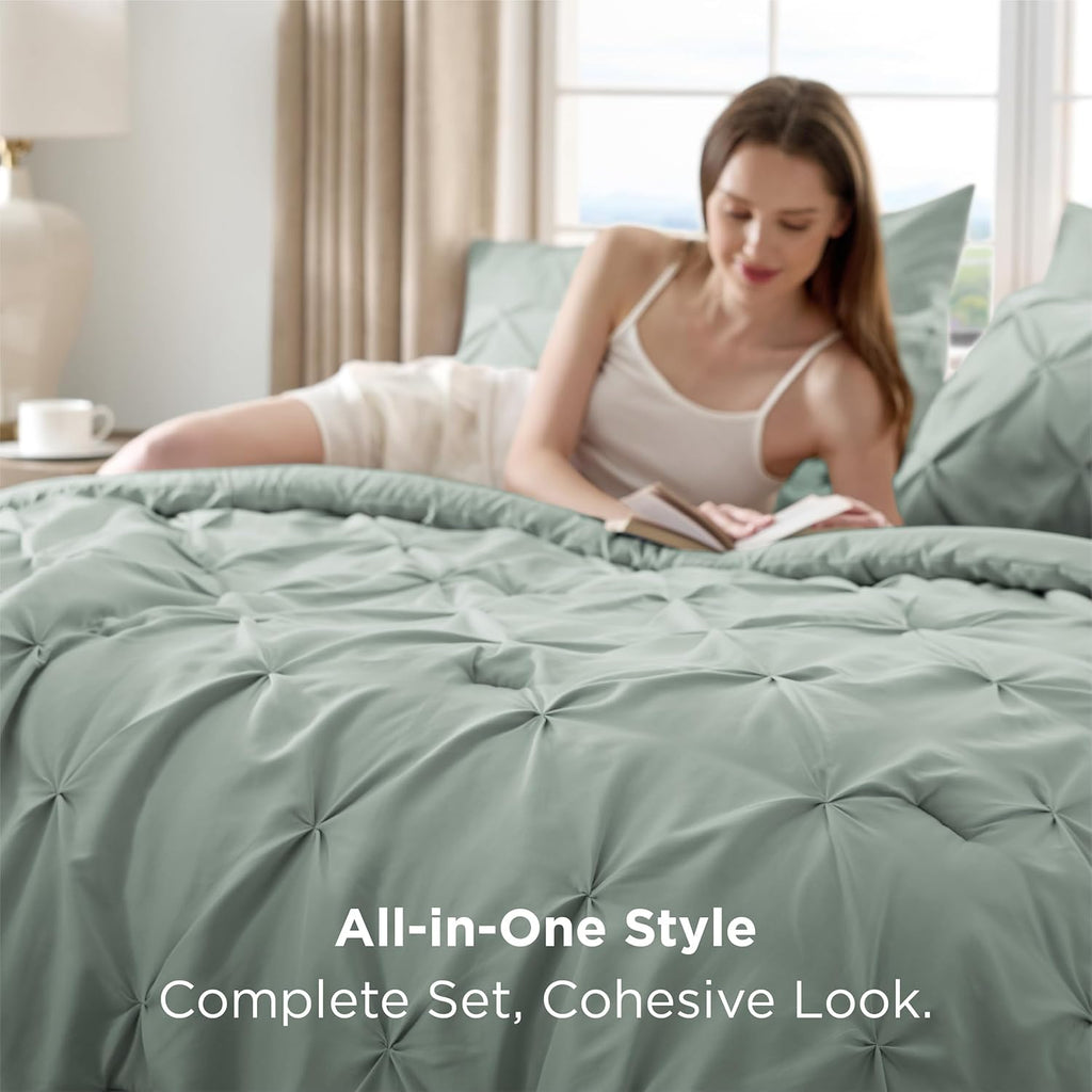 Bedsure Sage Green Comforter Set - Bed in a Bag Queen Size Bedding 7 Pieces, Green Decor Gift for Family, All Season down Alternative Comforter with Sheets, Pillowcases & Shams