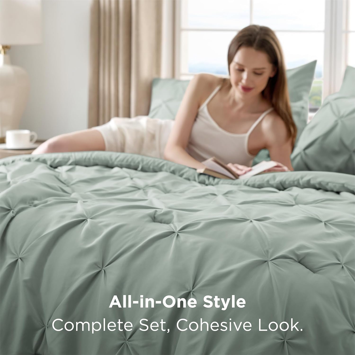 Bedsure Sage Green Comforter Set - Bed in a Bag Queen Size Bedding 7 Pieces, Green Decor Gift for Family, All Season down Alternative Comforter with Sheets, Pillowcases & Shams
