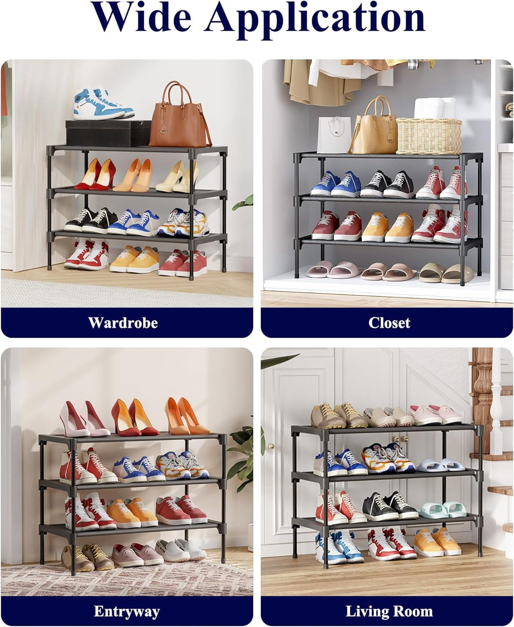 Shoe Rack - Non-Woven Shoe Rack Shelf, Shoe Organizer for Closet, Entryway, Garage & Corridor, Stackable Shoe Shelves, 27.5" Wide - 3 Tier, Black