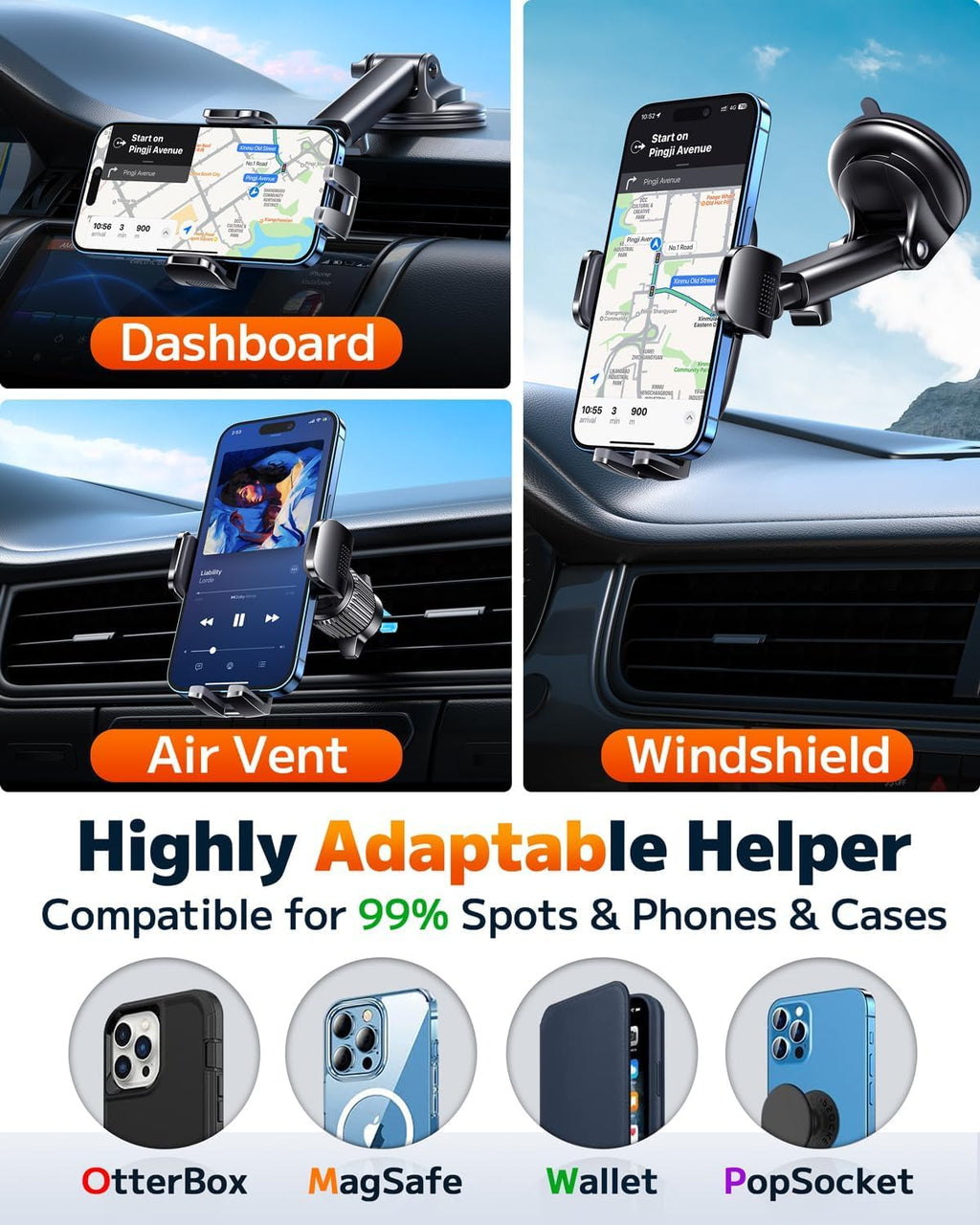 Car Phone Holder Mount Phone Mount for Car Windshield Dashboard Air Vent Universal Hands Free Automobile Cell Phone Holder Fit for Iphone Smartphone Camera Mounts