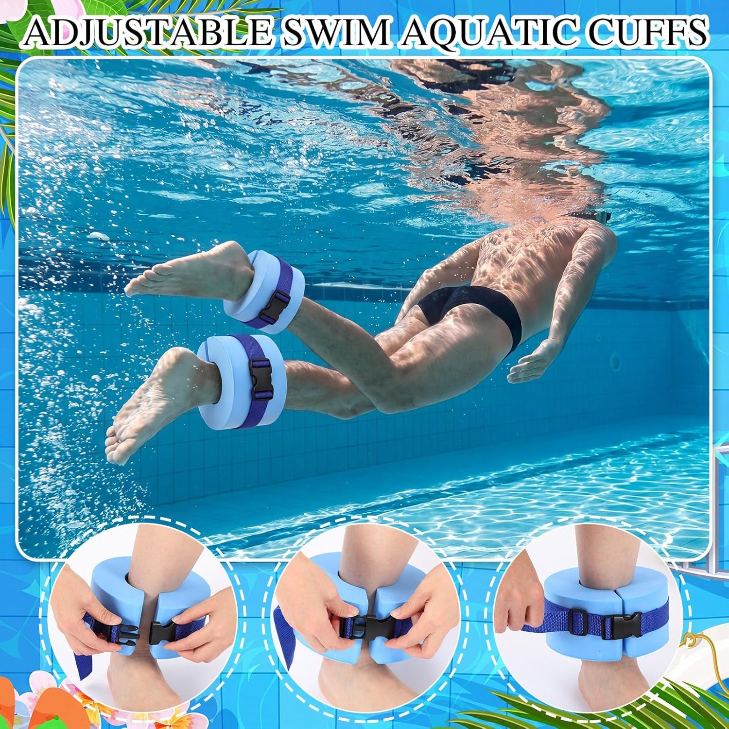7 Pcs Aquatic Exercise Set Water Aerobics Set Including 2 Ankle/Wrist Weights for Land or Water 2 Exercise Foam Dumbbells Cuffs Large Mesh Beach Bag for Pool Weight Loss