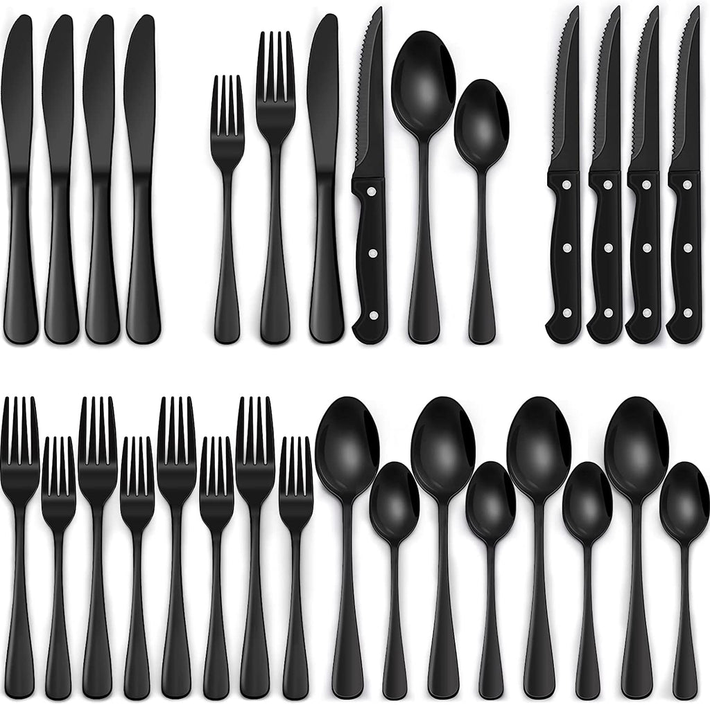 24-Piece Black Silverware Set with Steak Knives, Black Flatware Set for 4, Food-Grade Stainless Steel Tableware Cutlery Set, Mirror Finished Utensil Sets for Home Restaurant, round Edge