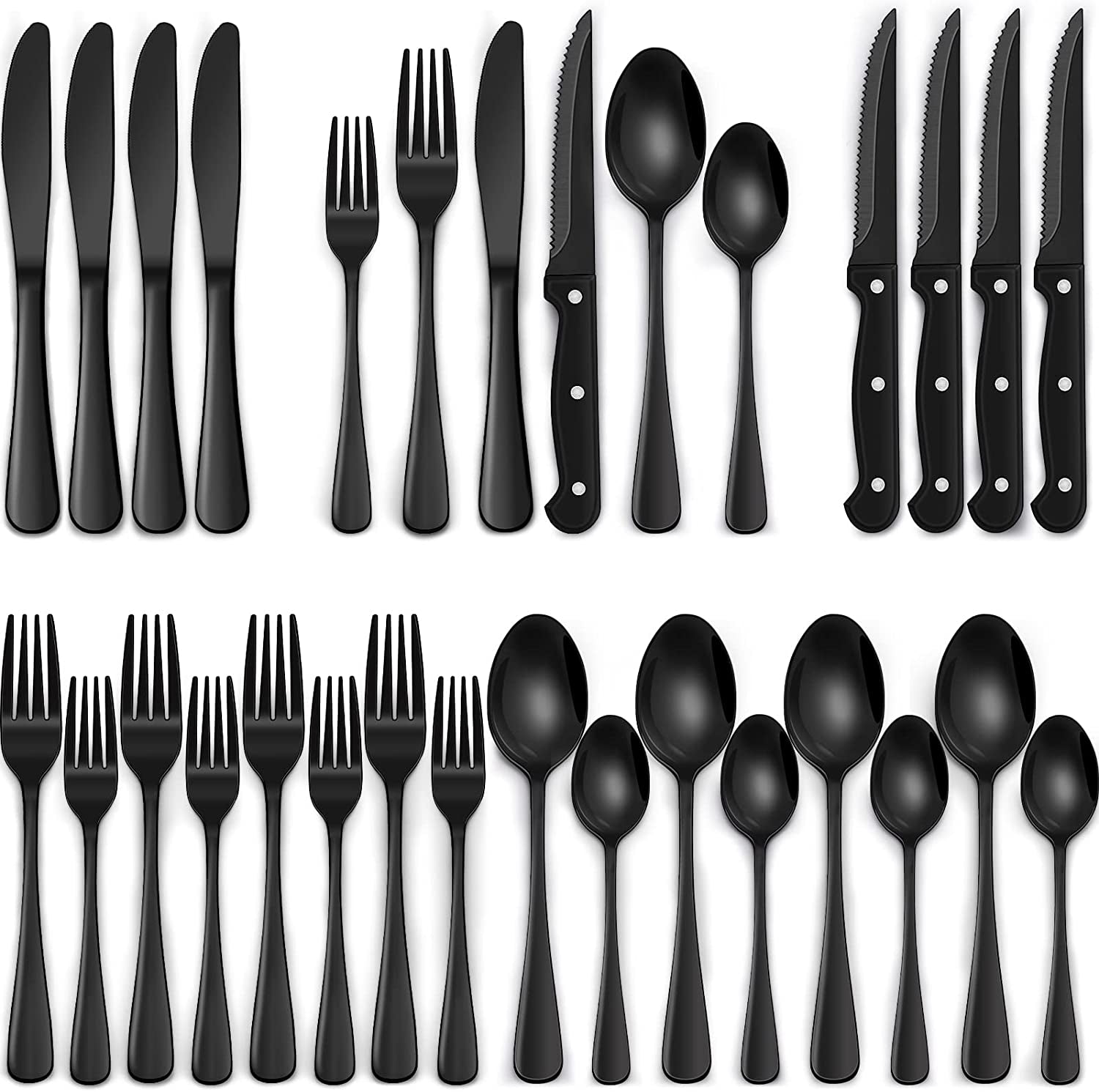 24-Piece Black Silverware Set with Steak Knives, Black Flatware Set for 4, Food-Grade Stainless Steel Tableware Cutlery Set, Mirror Finished Utensil Sets for Home Restaurant, round Edge