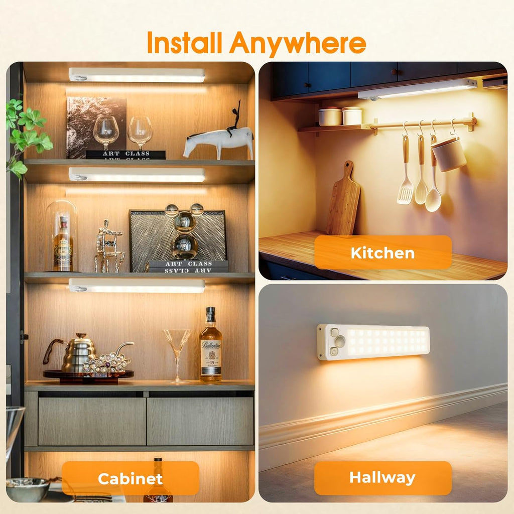 Under Cabinet Rechargeable Dimmable Lighting: 3 Color Temperature Motion Sensor Lights Indoor - Battery Operated Lights - Activated Closet Magnetic Wireless Led Light for Kitchen Home Bathroom Counter