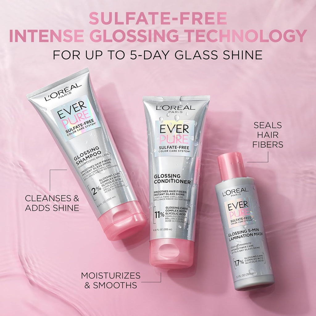 Sulfate Free Glossing Lamination Hair Mask, 5-Minute Rinse-Off Hair Treatment with Glycolic Acid for Glass Shine, Smoothness & Soft Feel, Color Caring, Everpure, 5.1 Fl Oz