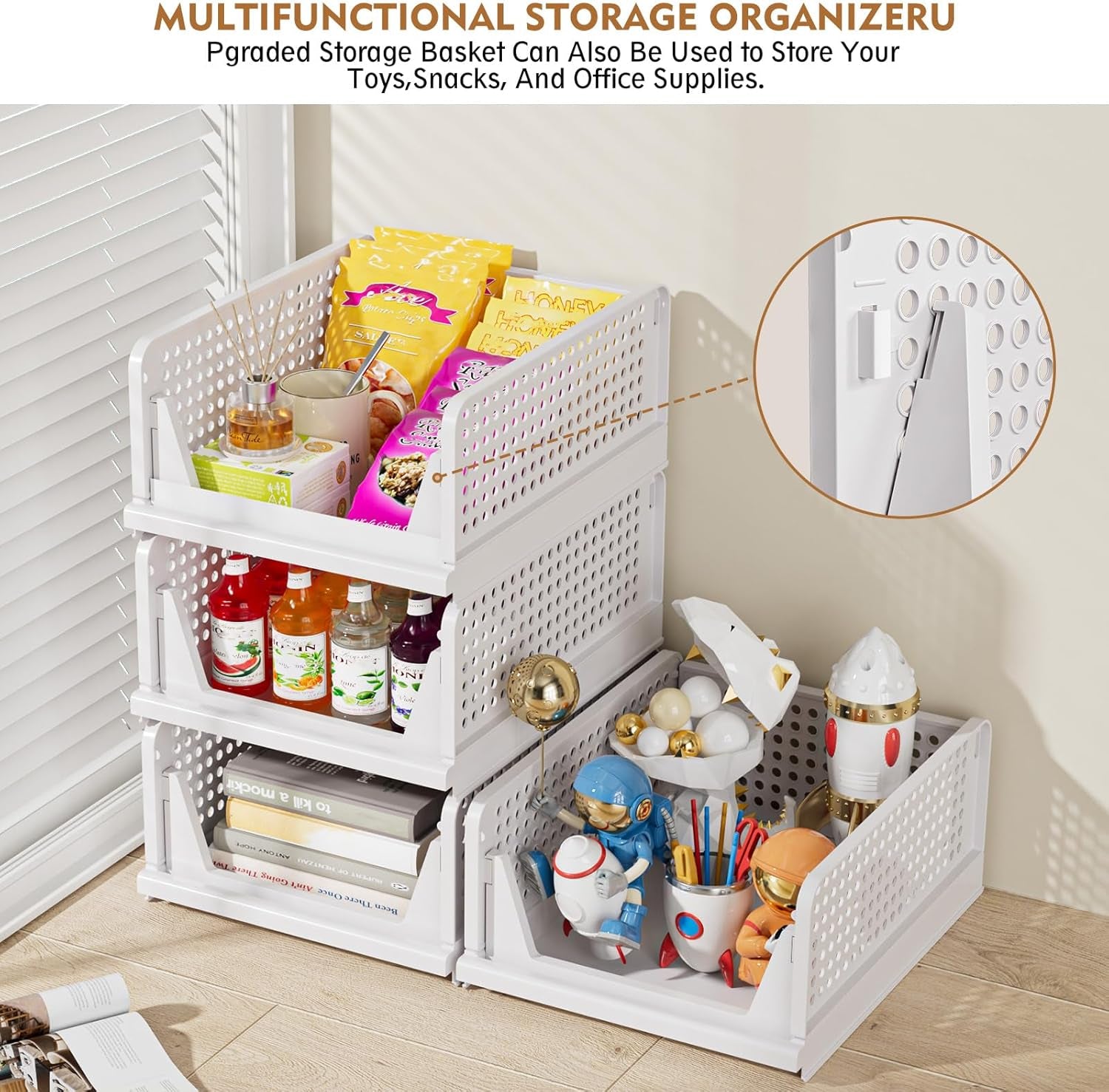 5 Pack Stackable Closet Storage Basket, Multifunctional & Foldable Closet Organizer for Bathroom Kitchen Laundry Room Wardrobe Storage, Space-Saving Clothes Storage Drawer Organizer, White