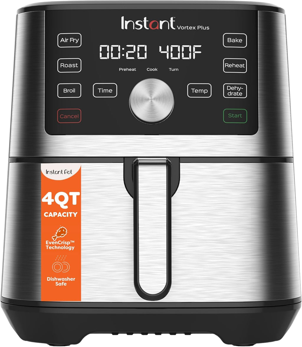 4QT Vortex plus 6-In-1 Mini Air Fryer, Custom Program Options, Crisps, Broils, Roasts, Dehydrates, Bakes, Reheats, 100+ In-App Recipes, Stainless Steel,4 Quarts