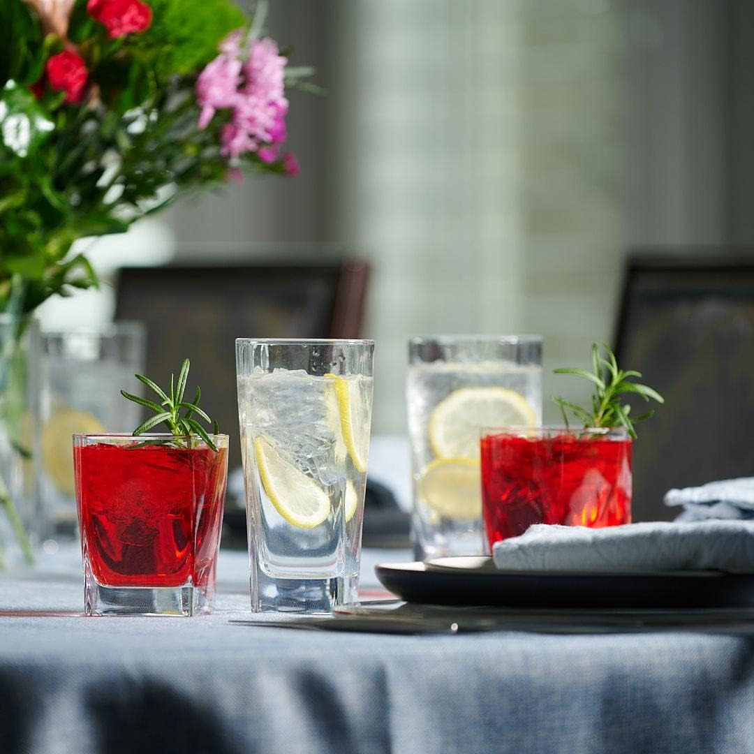 Collins Everyday Drinking Glasses Set of 16 Drinkware Kitchen Glasses for Cocktail, Iced Coffee, Beer, Ice Tea, Wine, Whiskey, Water, 8 Tall Highball Glass Cups & 8 Short Old Fashioned.
