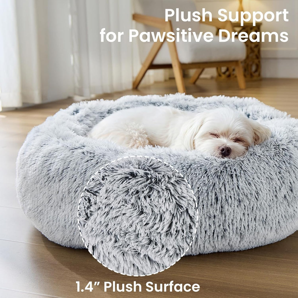 Small Dog Bed, Calming Dog Beds for Small Dogs & Indoor Cats - 20 Inches Donut Washable Cat Bed for Kittens & Puppies, round Fluffy Plush Faux Fur Pet Beds(Smoke Grey)