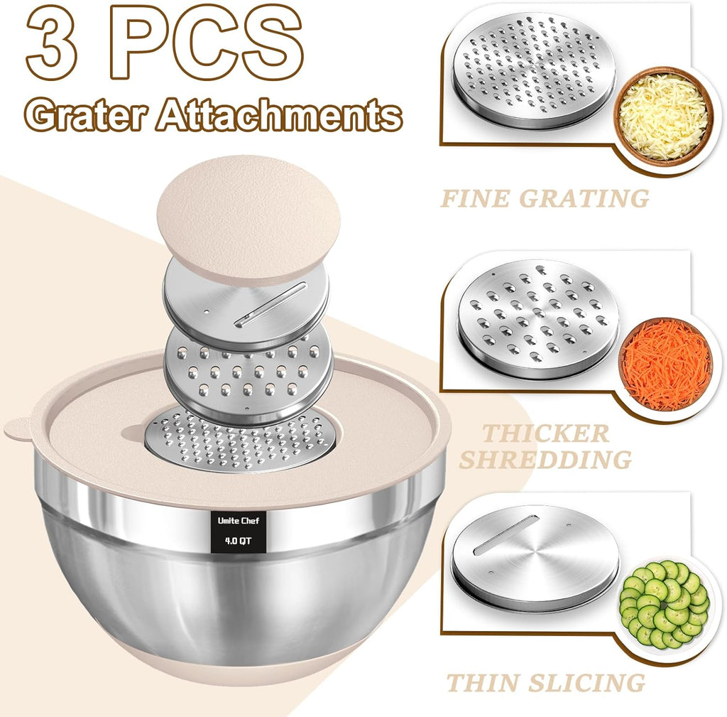 Mixing Bowls with Airtight Lids Set, 8PCS Stainless Steel Nesting Bowls with Grater Attachments, Non-Slip Bottoms, 5, 4, 3.5, 2, 1.5QT for Mixing & Serving