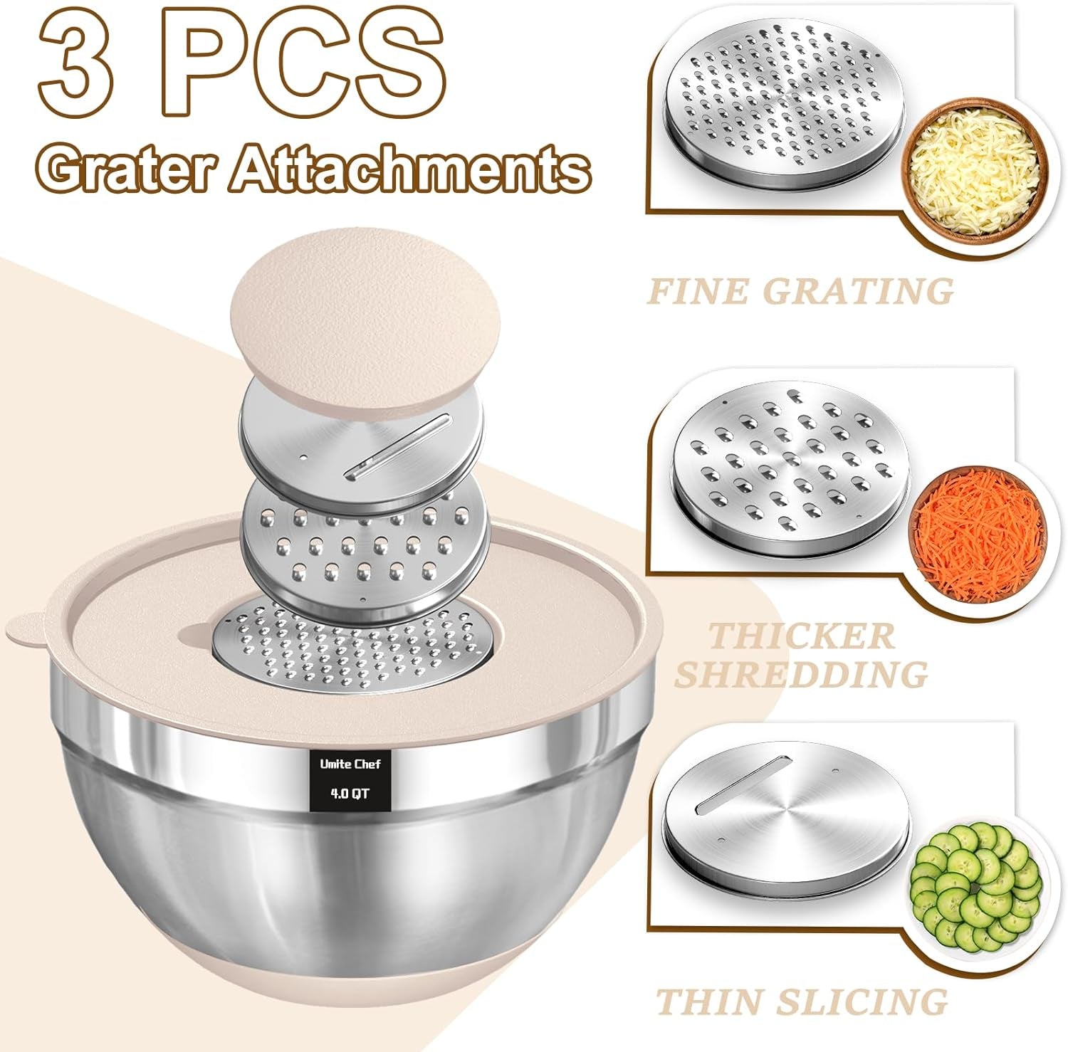 Mixing Bowls with Airtight Lids Set, 8PCS Stainless Steel Nesting Bowls with Grater Attachments, Non-Slip Bottoms, 5, 4, 3.5, 2, 1.5QT for Mixing & Serving