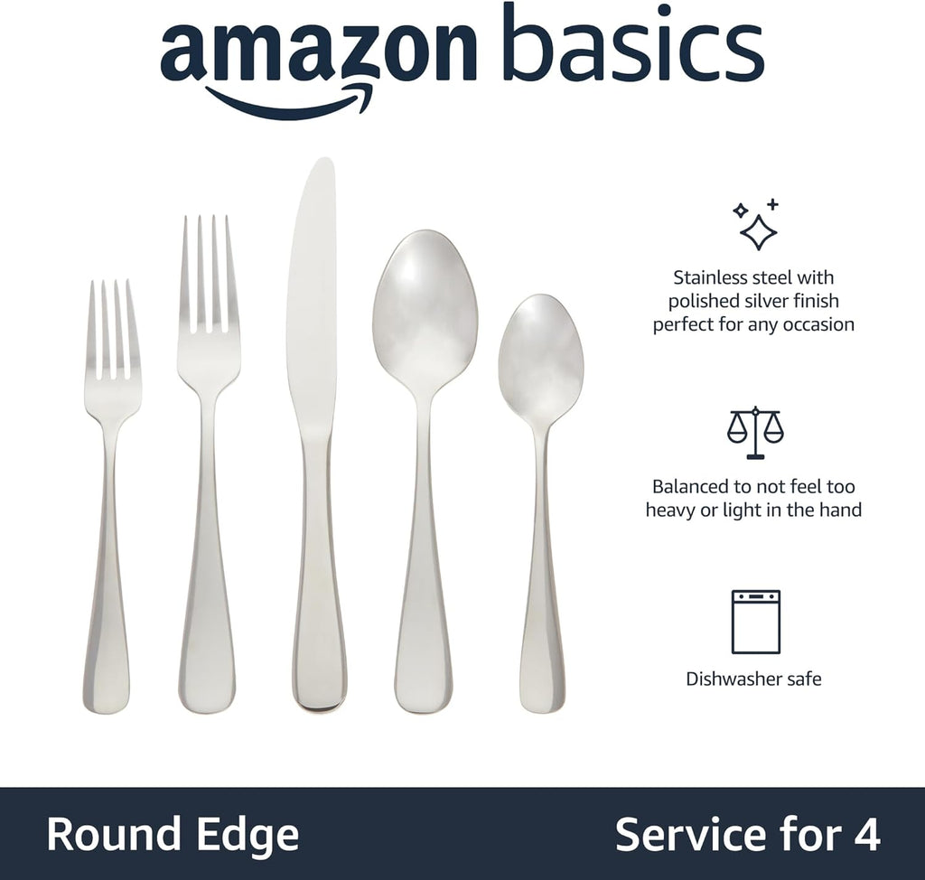 Silverware Set, Stainless Steel Flatware, Dishwasher Safe, Service for 4, 20-Piece Forks and Spoons, round Edge, Everyday Use