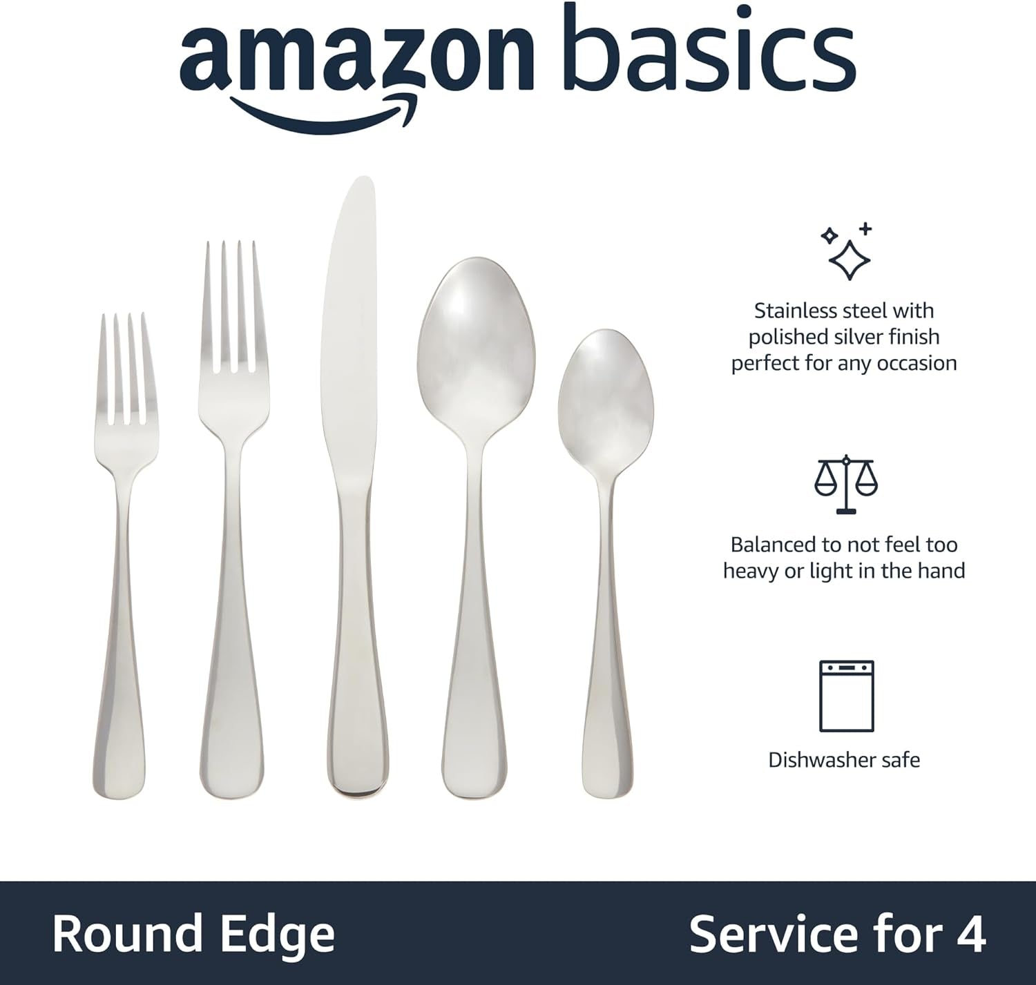 Silverware Set, Stainless Steel Flatware, Dishwasher Safe, Service for 4, 20-Piece Forks and Spoons, round Edge, Everyday Use