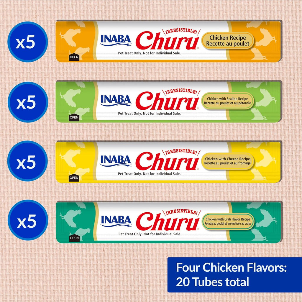 Churu Cat Treats, Lickable, Squeezable Creamy Purée Cat Treat with Green Tea Extract & Taurine, 0.5 Ounces Each Tube, 20 Tubes, Chicken Variety Box