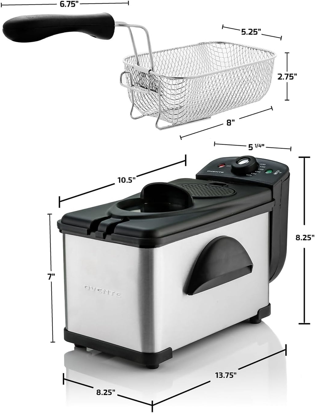 Electric Deep Fryer 2 Liter Capacity, 1500 Watt Lid with Viewing Window and Odor Filter, Adjustable Temperature, Removable Frying Basket and Easy to Clean Stainless Steel Body, Silver FDM2201BR