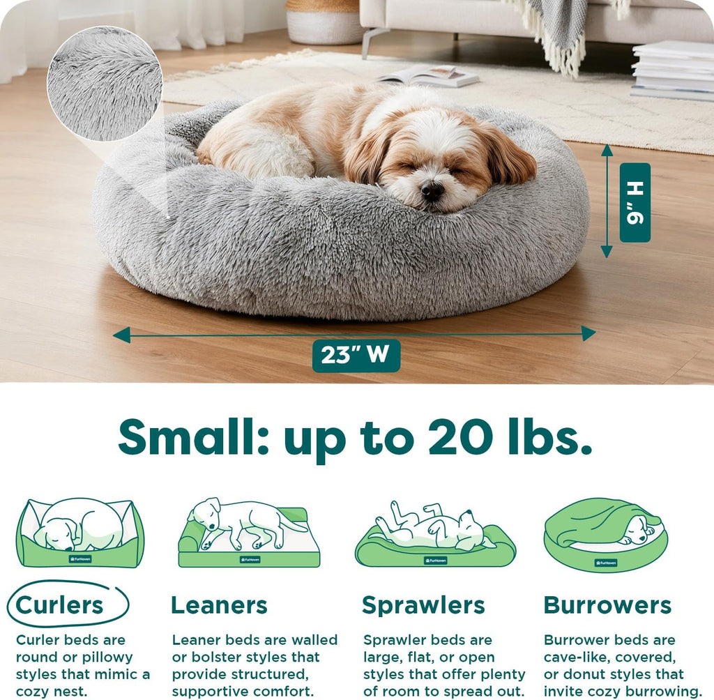 23" Calming Donut Dog Bed for Small Dogs & Cats, round Plush Donut Design with Soft Filling for Snuggling Comfort, Removable Washable Cover, Small, Shaggy Faux Fur, Mist Gray