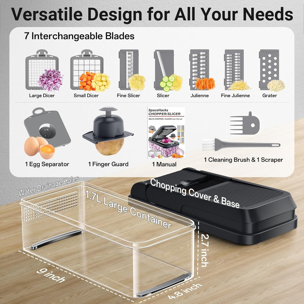 12-In-1 Vegetable Chopper, Kitchen Gadgets with 7 Blades, Veggie, Food, Onion Chopper, Cucumber Slicer, Versatile Mandoline, Includes Egg Separator & Finger Guard, Gray