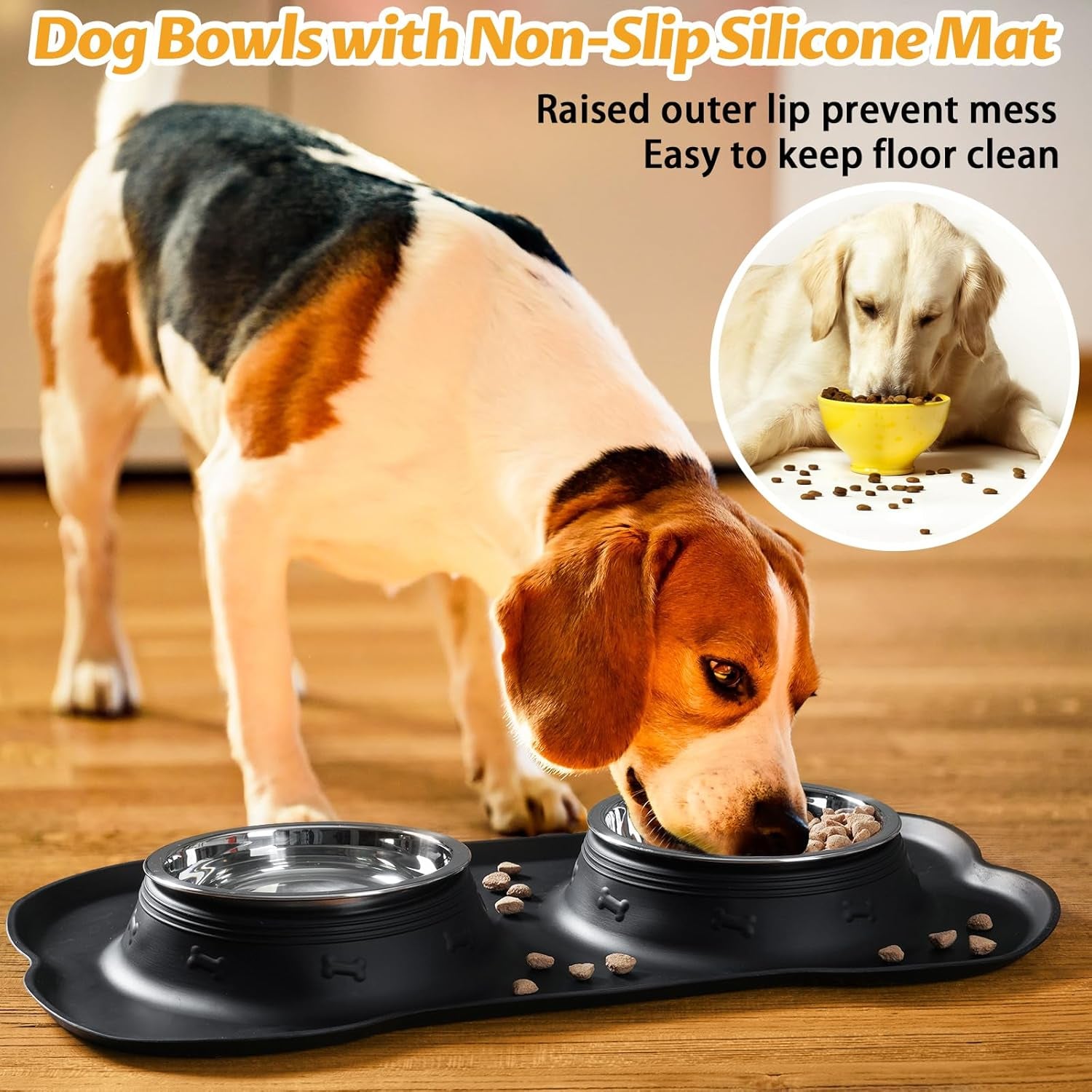 Pet Dog Bowls 2 Stainless Steel Dog Bowl with No Spill Non-Skid Silicone Mat + Pet Food Scoop Water and Food Feeder Bowls for Feeding Small Medium Large Dogs Cats Puppies (S, Black)