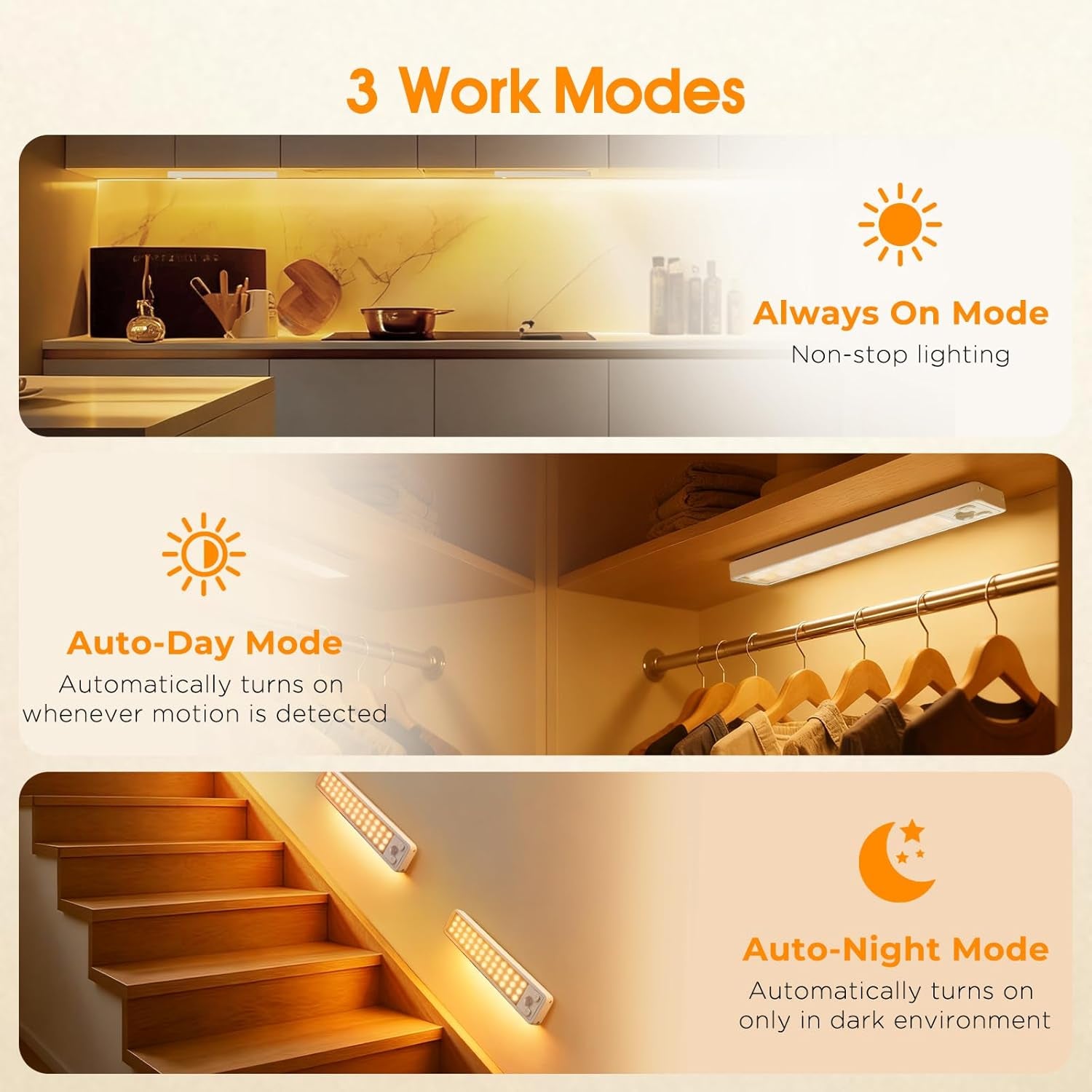 Under Cabinet Rechargeable Dimmable Lighting: 3 Color Temperature Motion Sensor Lights Indoor - Battery Operated Lights - Activated Closet Magnetic Wireless Led Light for Kitchen Home Bathroom Counter