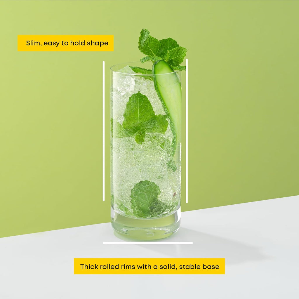 Faye 13Oz Highball Glasses, 6Pc Tall Glass Sets. Lead-Free Crystal Drinking Glasses. Water Glasses, Mojito Glass Cups, Tom Collins Bar Glassware, and Mixed Drink Cocktail Glass Set