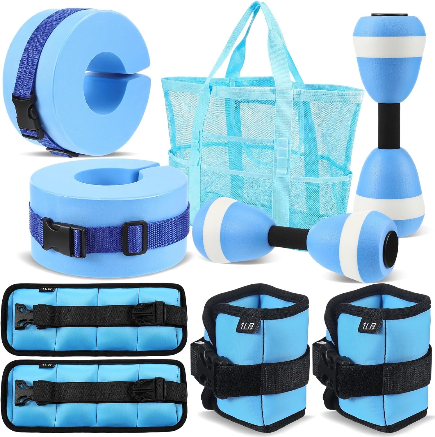 7 Pcs Aquatic Exercise Set Water Aerobics Set Including 2 Ankle/Wrist Weights for Land or Water 2 Exercise Foam Dumbbells Cuffs Large Mesh Beach Bag for Pool Weight Loss