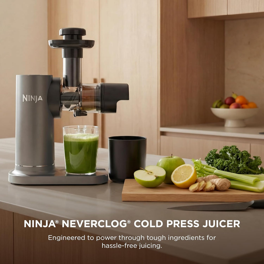 Neverclog Cold Press Juicer | Powerful Electric Slow Masticating Juicer with Pulp Control | XL Capacity | 24 Oz. Juice Jug & 36 Oz. Pulp Container | Dishwasher Safe | Charcoal | 150W | JC151