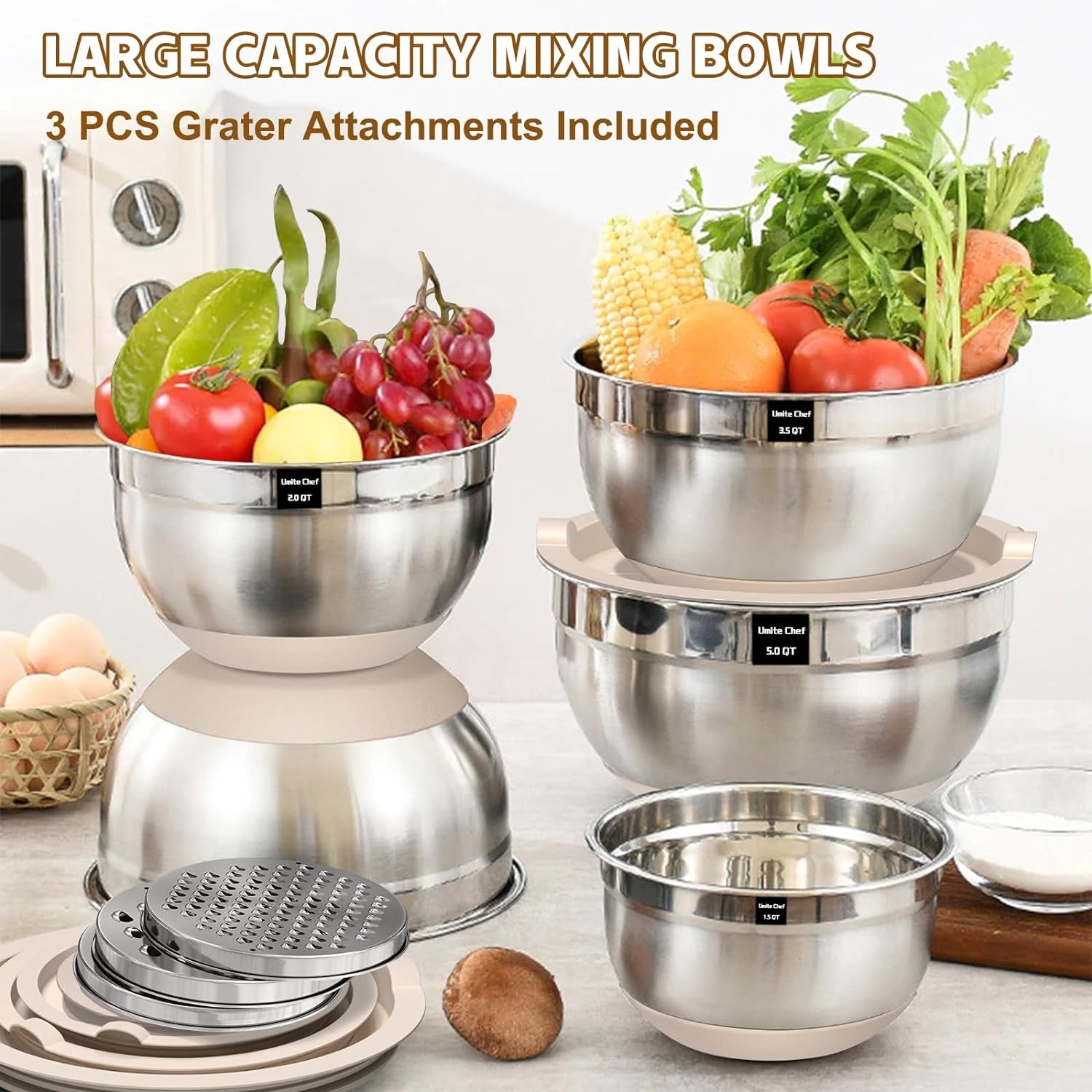 Mixing Bowls with Airtight Lids Set, 8PCS Stainless Steel Nesting Bowls with Grater Attachments, Non-Slip Bottoms, 5, 4, 3.5, 2, 1.5QT for Mixing & Serving