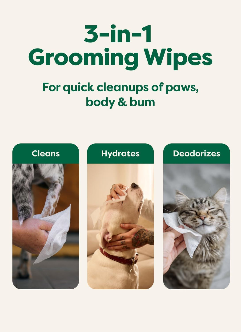 Pet Wipes for Dogs and Cats, Hypoallergenic, 3-In-1 Cleaning, Deodorizing and Hydrating, for Grooming Paws, Body and Butt, Unscented, 100 Count