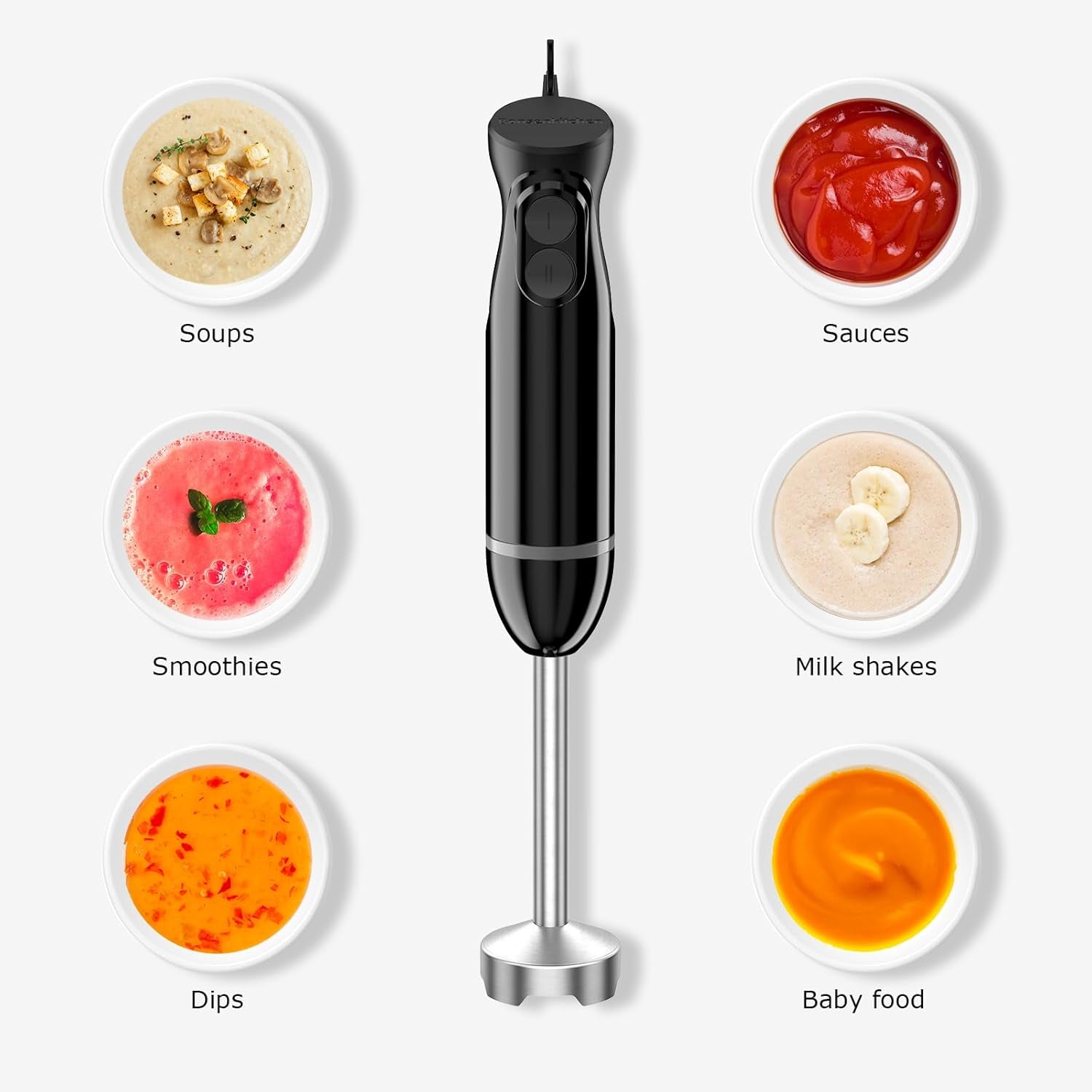Hand Blender, Immersion Blender with 2 Mixing Speed, Electric Handheld Mixer Portable Stick Mixer with Stainless Steel Blades for Soup, Smoothie, Puree, Baby Food
