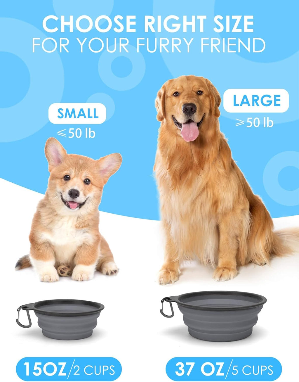 Collapsible Dog Bowls with Bottle Carrier, 2 Pack Travel Dog Water Bowl Upgraded Carabiner, One-Piece Molded Rim No Fall off or Crack, Foldable Silicone Portable for Pets Walking Hiking 15Oz