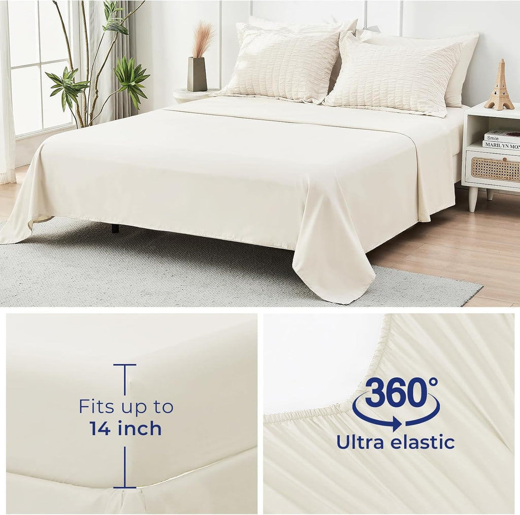 Ivory Queen Comforter Set Seersucker 7 Pieces, All Season Luxury Bed in a Bag for Bedroom, Bedding Set with Comforters, Sheets, Pillowcases & Shams