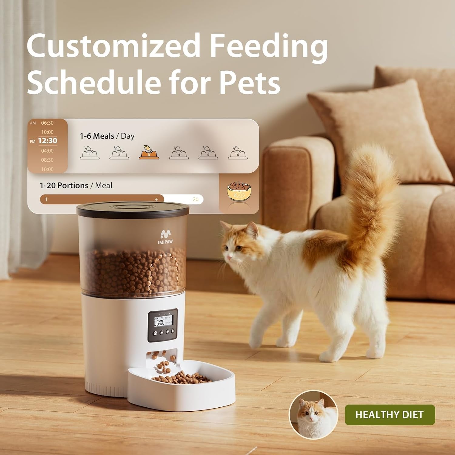 Automatic Cat Feeders, Timed Cat Dry Food Dispenser with Desiccant Bag, Dual Power Supply, Programmable Portion Size, 6 Meals, 20 Portions per Day, Auto Pet Feeder for Cats and Small Dog, White
