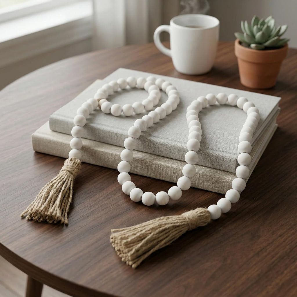 Farmhouse Beads Long Length Solid Wood Bead Boho Tassel Garland - Rustic Country Solid Beaded Boho Chic Decor for Wall, above Cabinet & Table