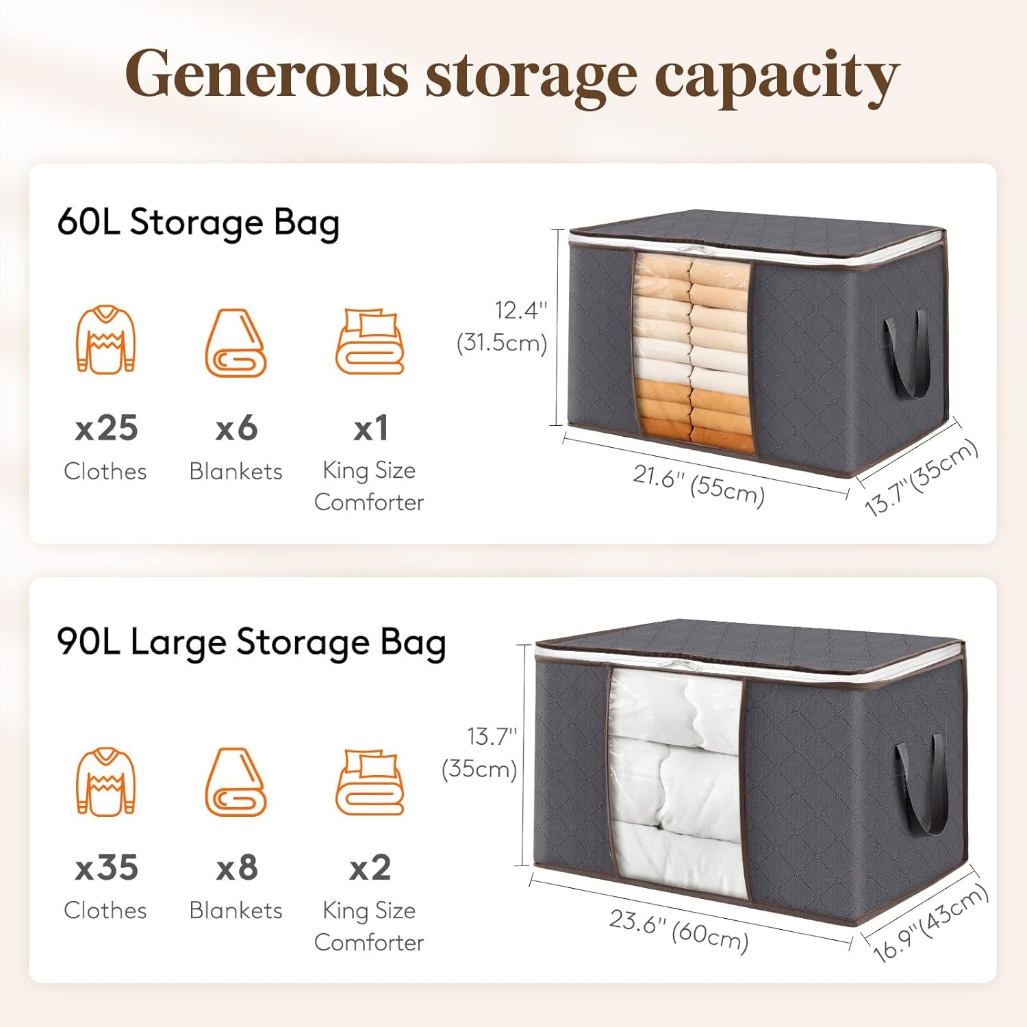 6 Pack Clothes Storage Bins with Lids, Foldable Blanket Storage Bags with Zippers, Clear Window and Reinforced Handles, Closet and Organization for Clothing, Sweater, Comforter, Bedding