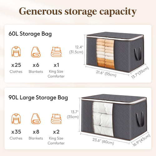6 Pack Clothes Storage Bins with Lids, Foldable Blanket Storage Bags with Zippers, Clear Window and Reinforced Handles, Closet and Organization for Clothing, Sweater, Comforter, Bedding