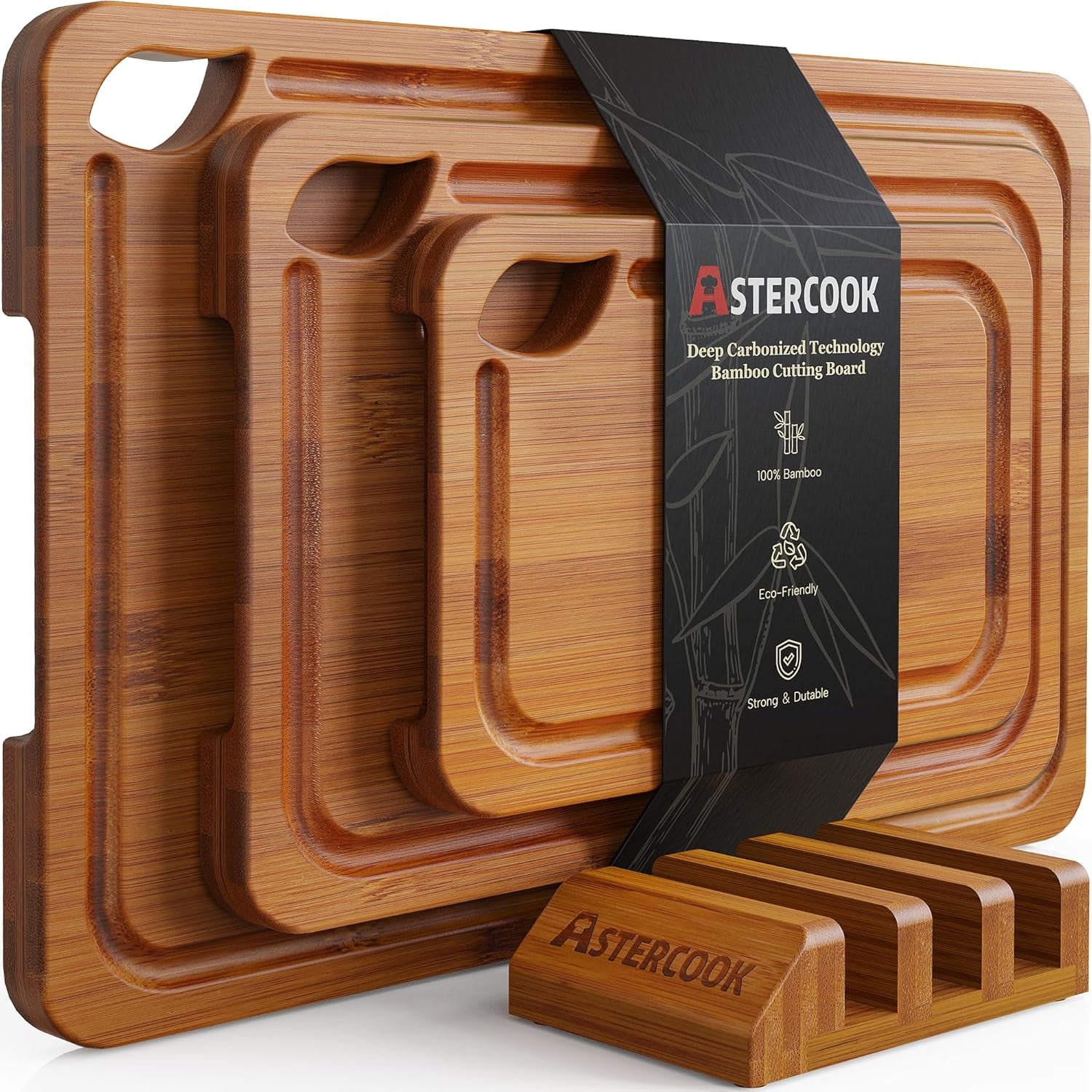 Deep-Carbonized Bamboo Cutting Boards for Kitchen with Wood Storage Stand, Reversible Charcuterie & Chopping Boards with Juice Grooves and Easy-Grip Handles, Mothers Day Gifts