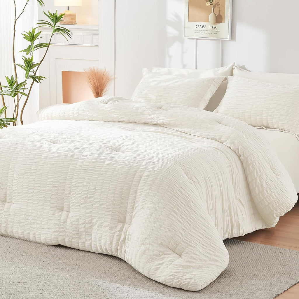 Ivory Queen Comforter Set Seersucker 7 Pieces, All Season Luxury Bed in a Bag for Bedroom, Bedding Set with Comforters, Sheets, Pillowcases & Shams