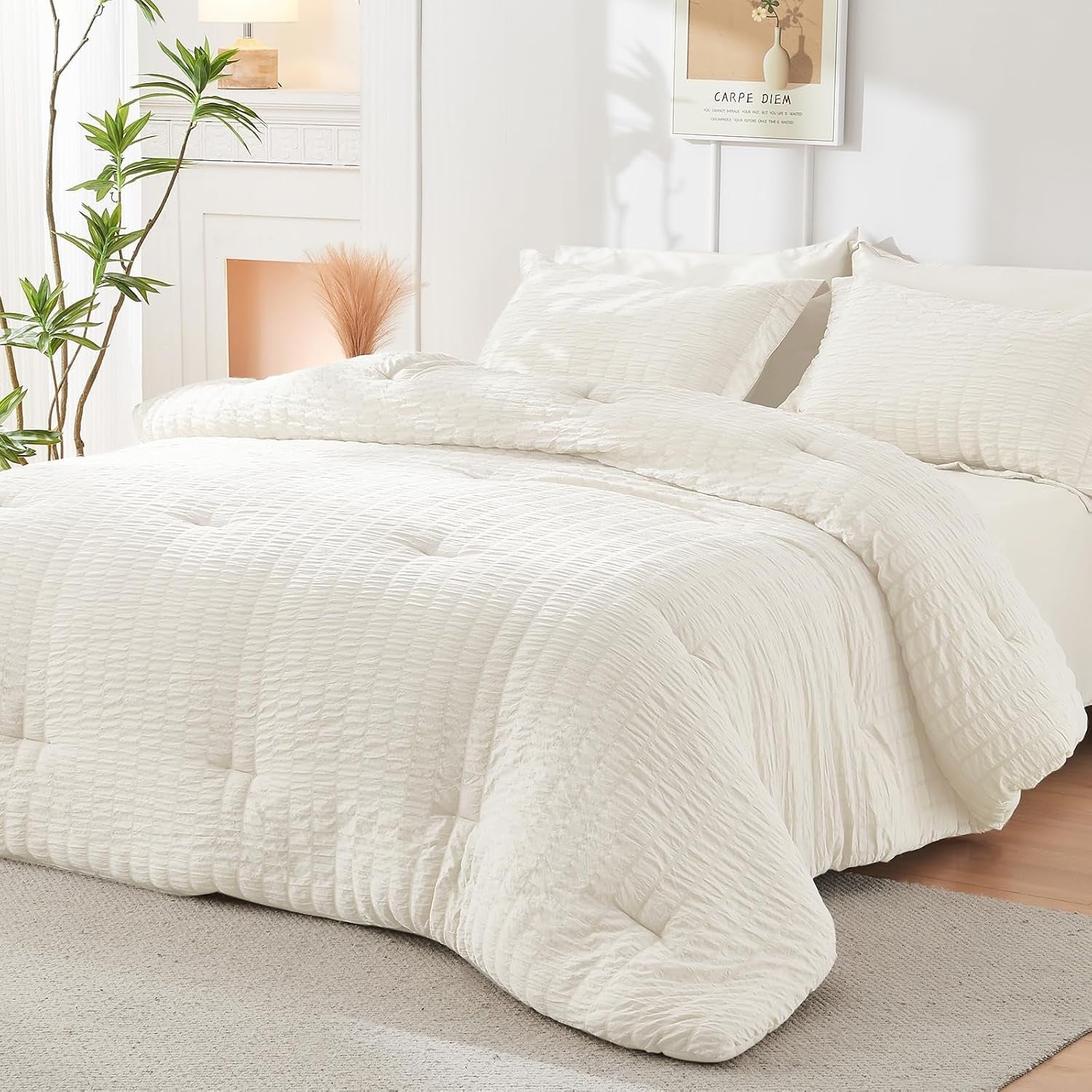 Ivory Queen Comforter Set Seersucker 7 Pieces, All Season Luxury Bed in a Bag for Bedroom, Bedding Set with Comforters, Sheets, Pillowcases & Shams