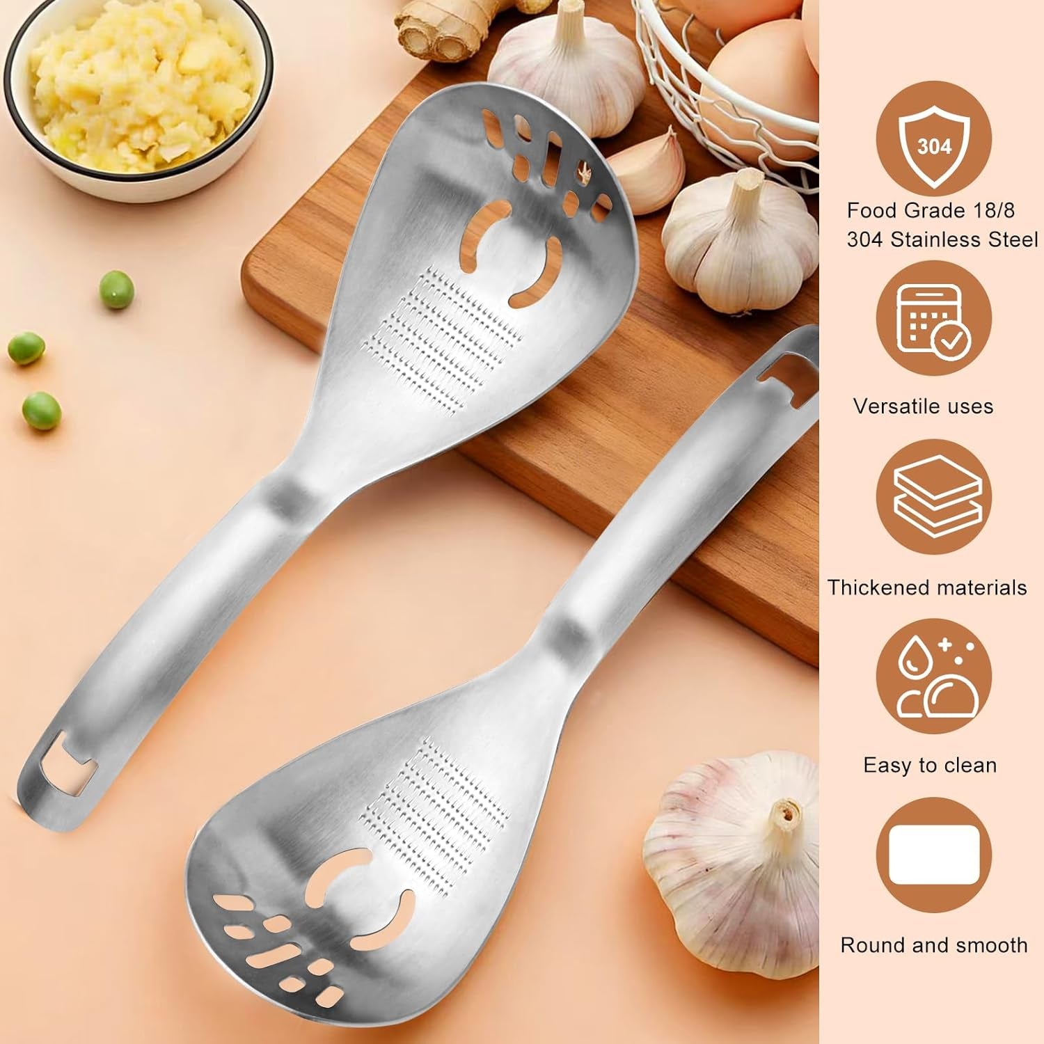 Multifunctional 5-In-1 Cooking Spoon, 18/8 304 Stainless Steel Kitchen Tool for Potato Masher, Egg Separator, Bottle Opener and Mixing Stirrer