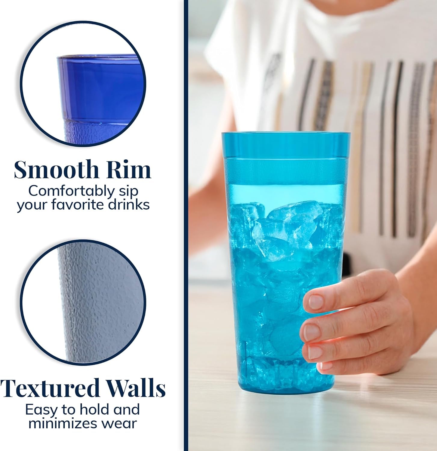 Cafe Plastic Reusable Tumblers (Set of 16) 20-Ounce Water Cups Coastal Colors | Restaurant Style Drinking Glasses Value Set, Stackable, Bpa-Free, Made in the USA | Top-Rack Dishwasher Safe